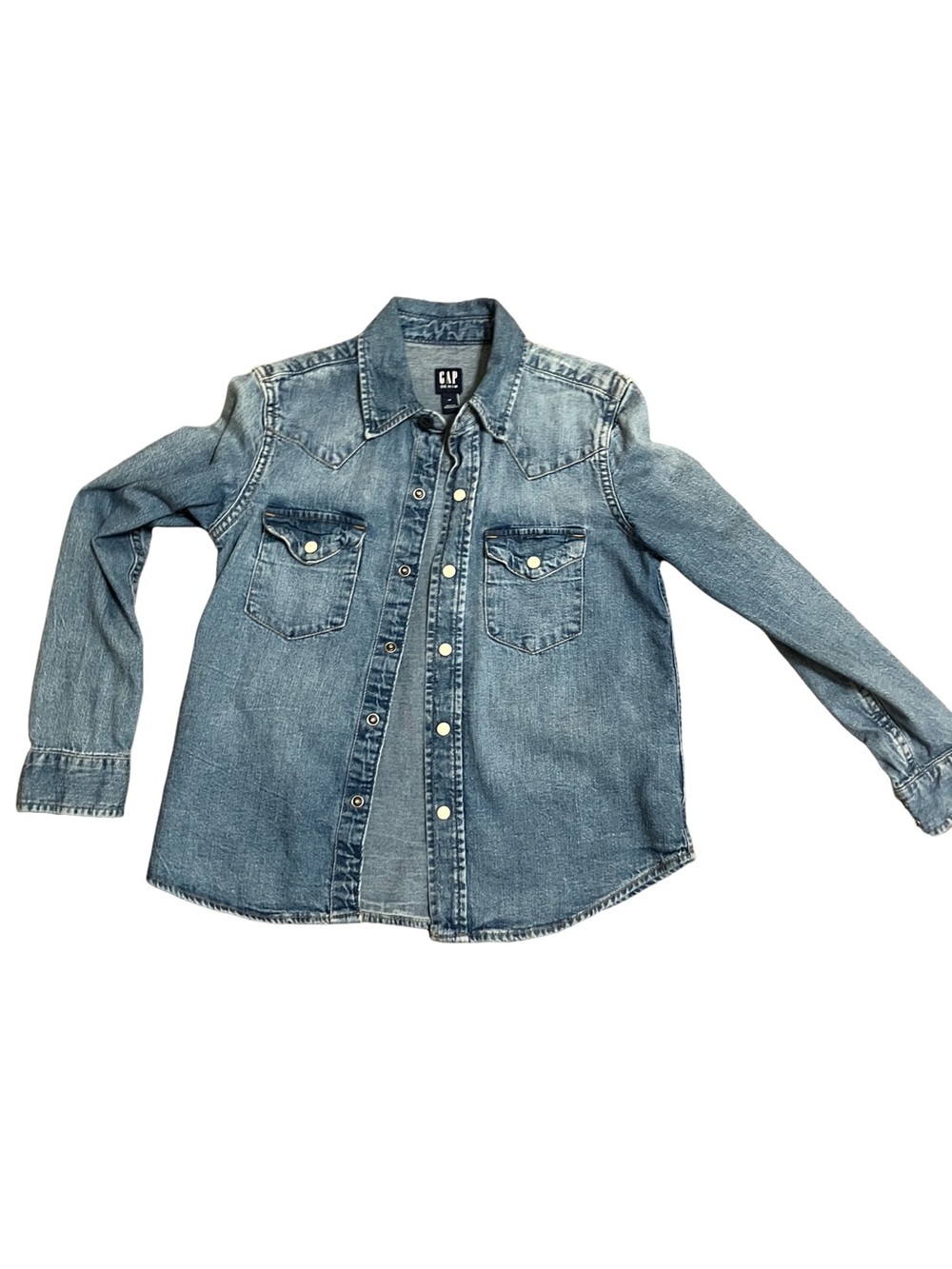 GAP Kids Washed Blue Denim Button-Down Shirt M Pearl type snap